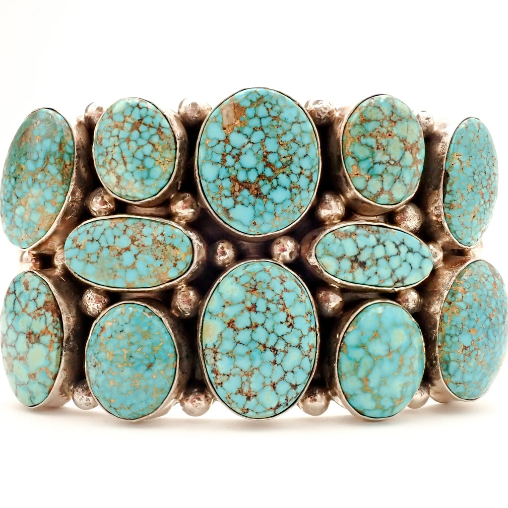 Natural Turquoise Mountain Spiderweb Cluster Sterling Silver Navajo Cuff Bracelet by M. SPENCER