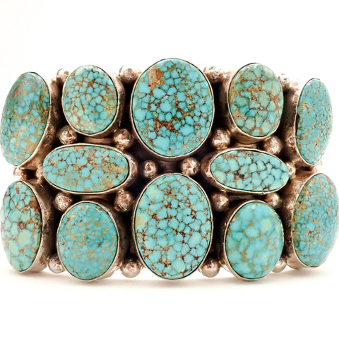 Natural Turquoise Mountain Spiderweb Cluster Sterling Silver Navajo Cuff Bracelet by M. SPENCER