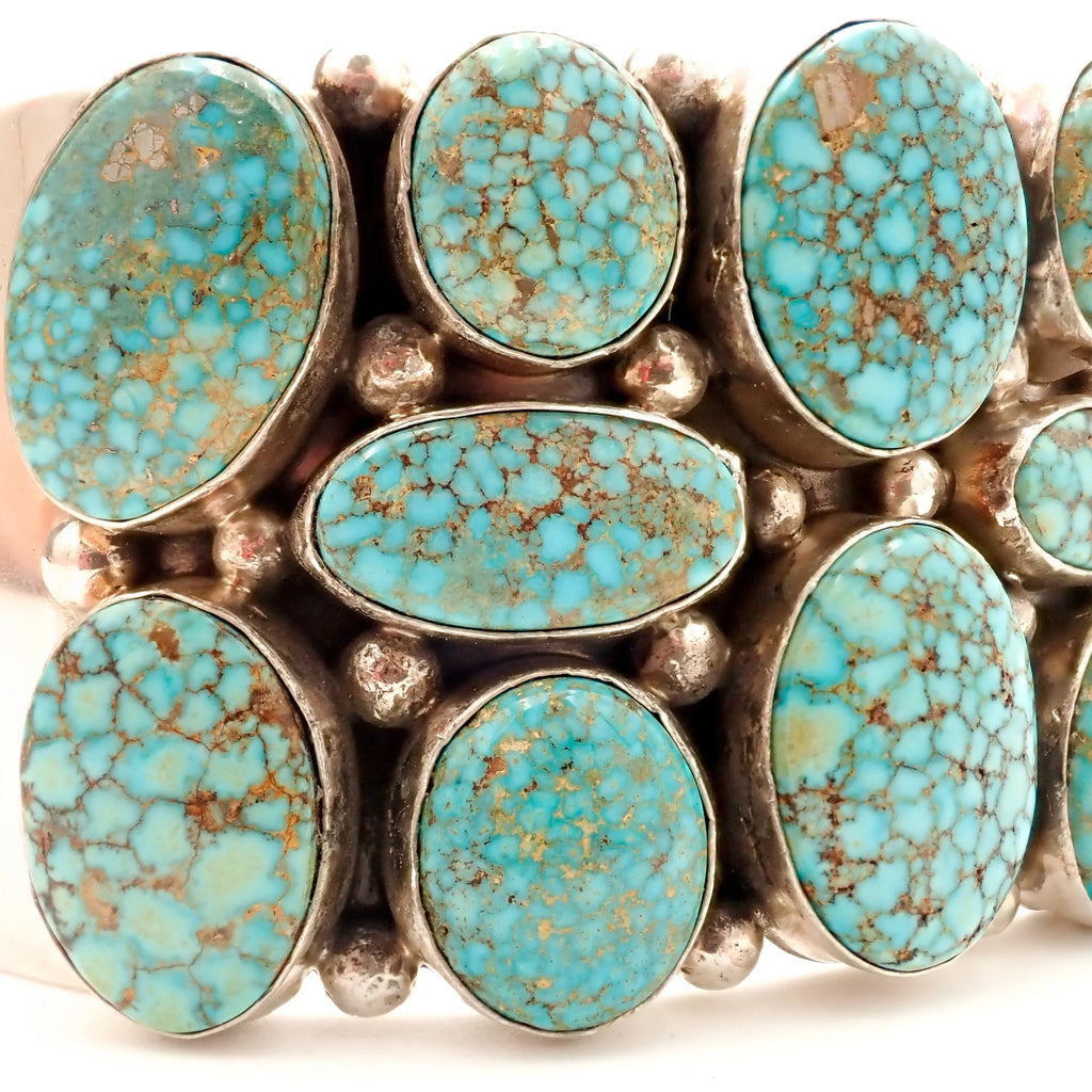 Natural Turquoise Mountain Spiderweb Cluster Sterling Silver Navajo Cuff Bracelet by M. SPENCER