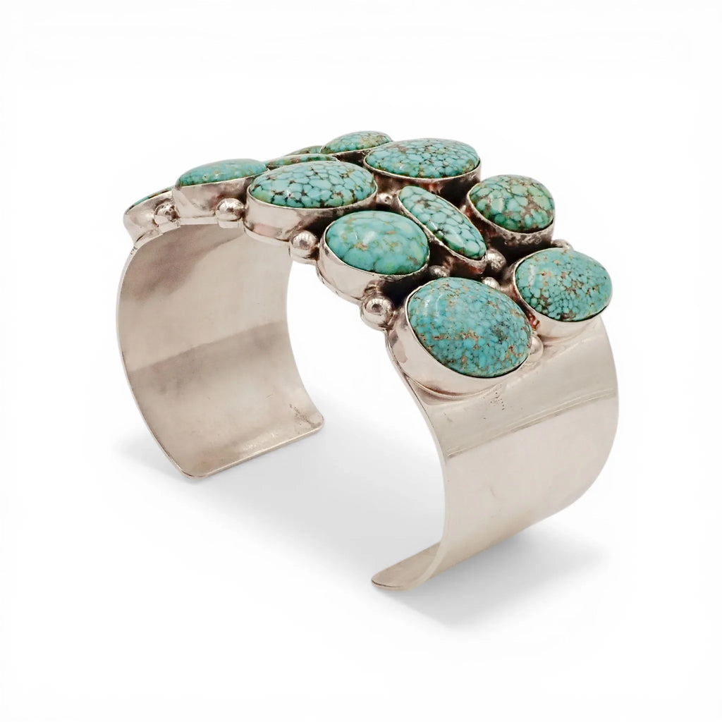 Natural Turquoise Mountain Spiderweb Cluster Sterling Silver Navajo Cuff Bracelet by M. SPENCER