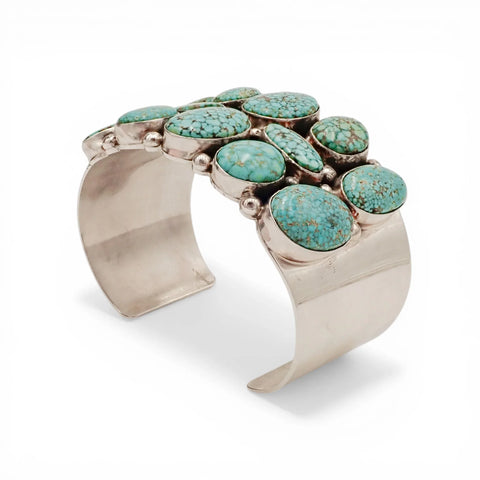 Natural Turquoise Mountain Spiderweb Cluster Sterling Silver Navajo Cuff Bracelet by M. SPENCER