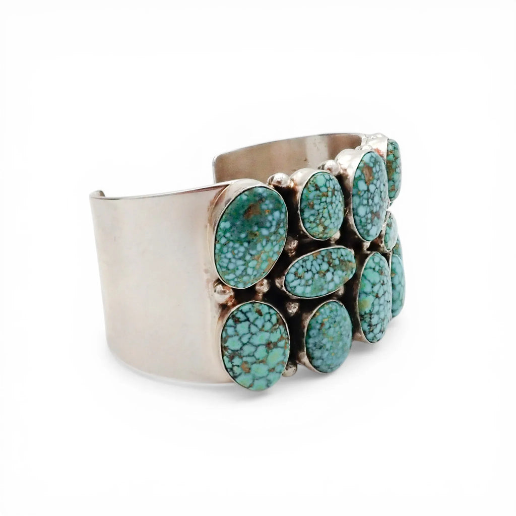 Natural Turquoise Mountain Spiderweb Cluster Sterling Silver Navajo Cuff Bracelet by M. SPENCER