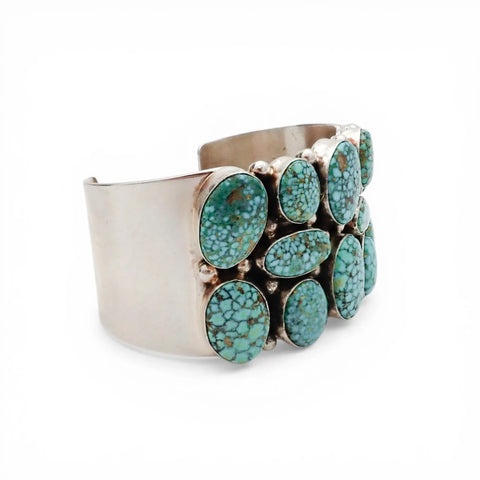 Natural Turquoise Mountain Spiderweb Cluster Sterling Silver Navajo Cuff Bracelet by M. SPENCER