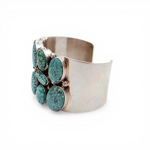 Natural Turquoise Mountain Spiderweb Cluster Sterling Silver Navajo Cuff Bracelet by M. SPENCER
