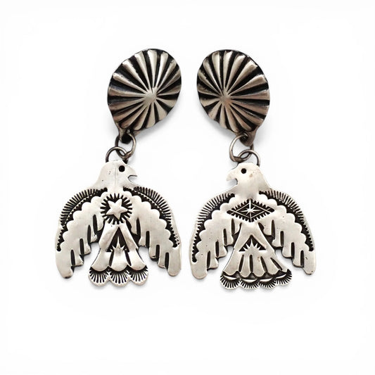 Thunderbird Sampler Drop Post Earrings with Deep Stamps & Chasing by Navajo Artisan V. J. PLATERO