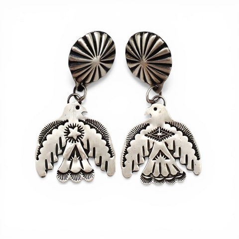 Thunderbird Sampler Drop Post Earrings with Deep Stamps & Chasing by Navajo Artisan V. J. PLATERO
