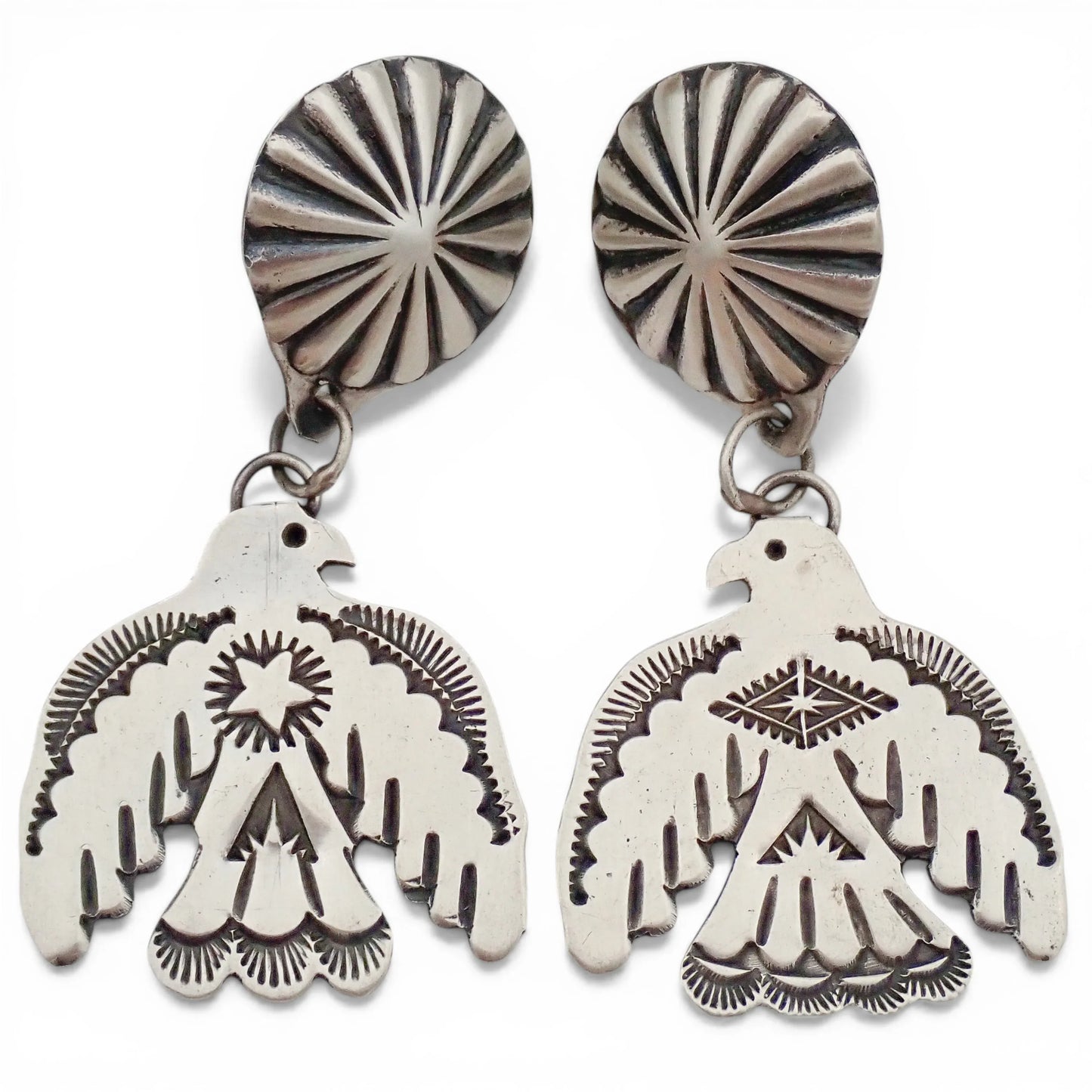 Thunderbird Sampler Drop Post Earrings with Deep Stamps & Chasing by Navajo Artisan V. J. PLATERO