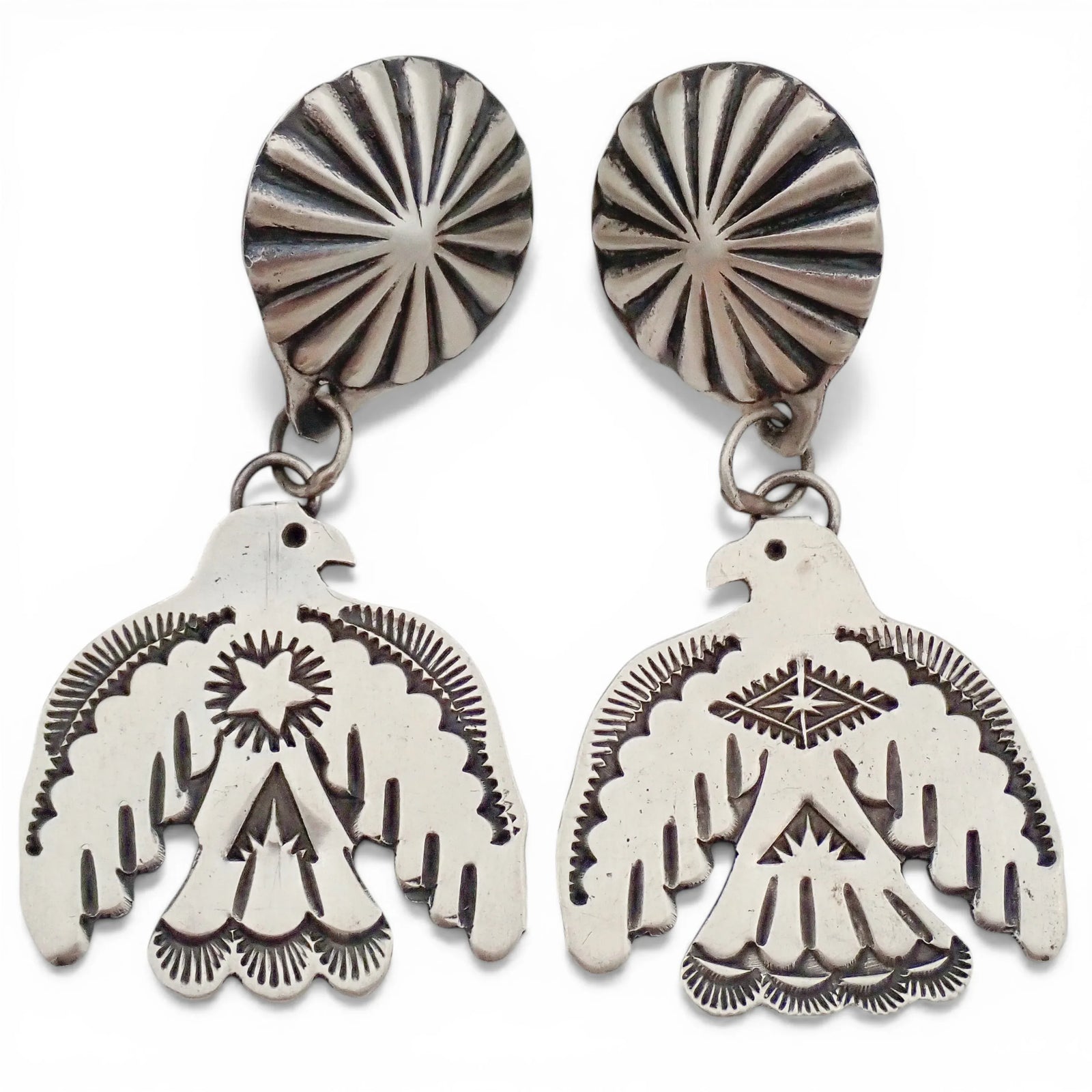 Thunderbird Sampler Drop Post Earrings with Deep Stamps & Chasing by Navajo Artisan V. J. PLATERO