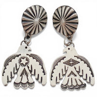 Thunderbird Sampler Drop Post Earrings with Deep Stamps & Chasing by Navajo Artisan V. J. PLATERO