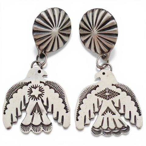 Thunderbird Sampler Drop Post Earrings with Deep Stamps & Chasing by Navajo Artisan V. J. PLATERO