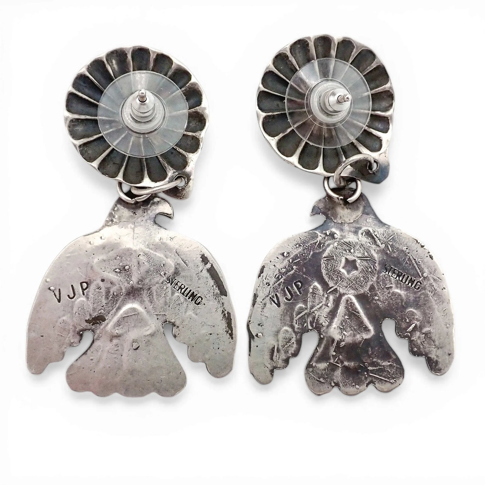 Thunderbird Sampler Drop Post Earrings with Deep Stamps & Chasing by Navajo Artisan V. J. PLATERO
