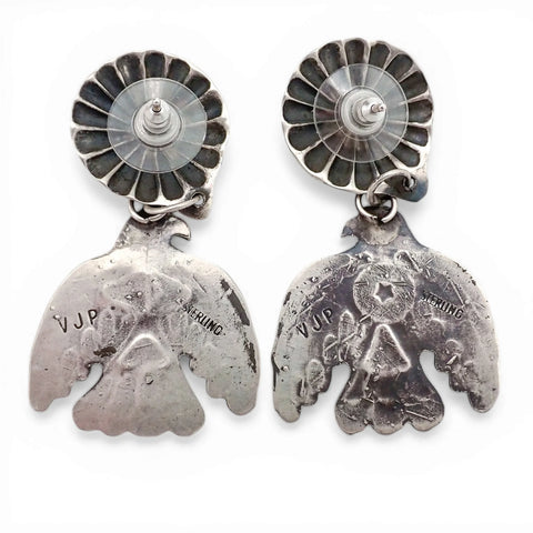 Thunderbird Sampler Drop Post Earrings with Deep Stamps & Chasing by Navajo Artisan V. J. PLATERO