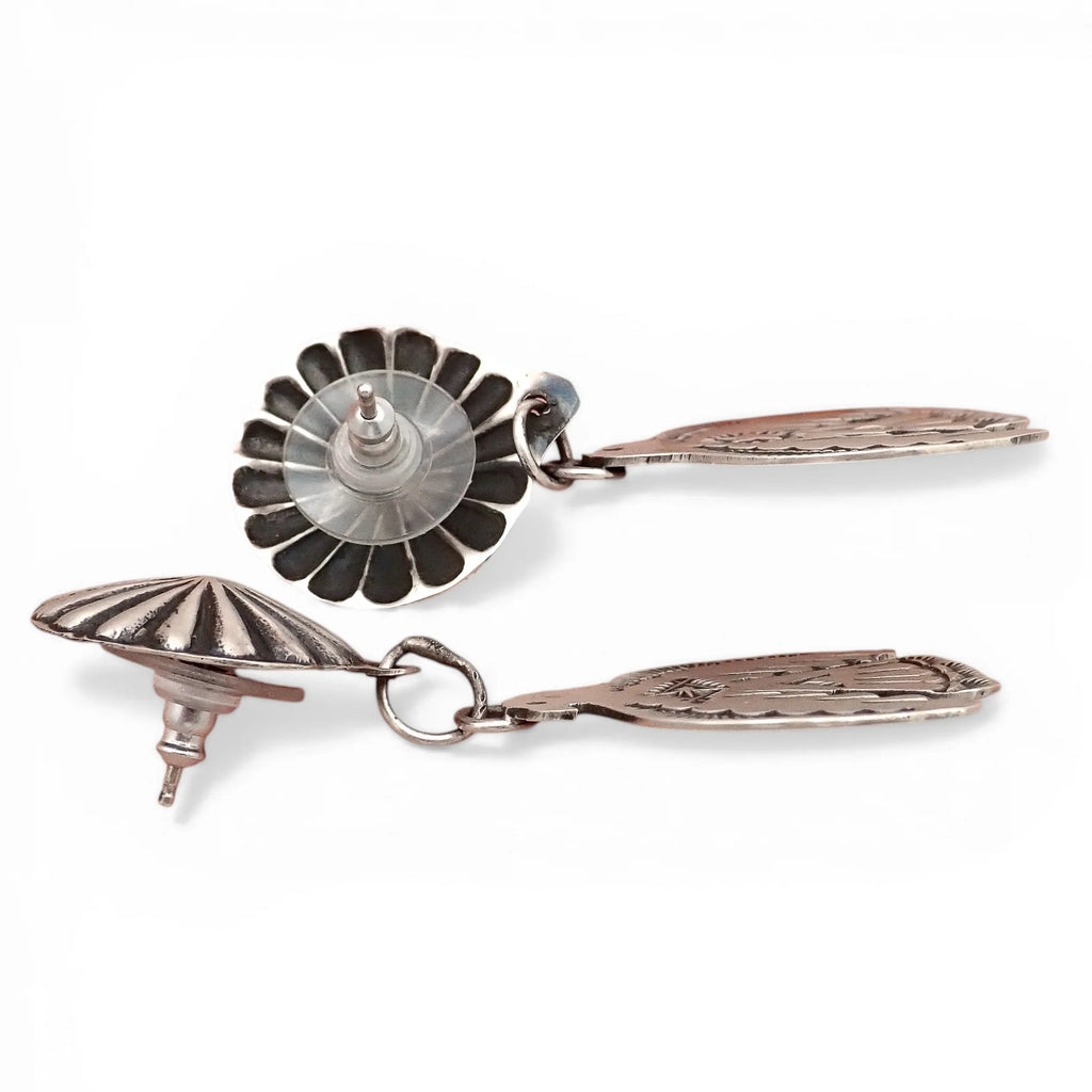 Thunderbird Sampler Drop Post Earrings with Deep Stamps & Chasing by Navajo Artisan V. J. PLATERO