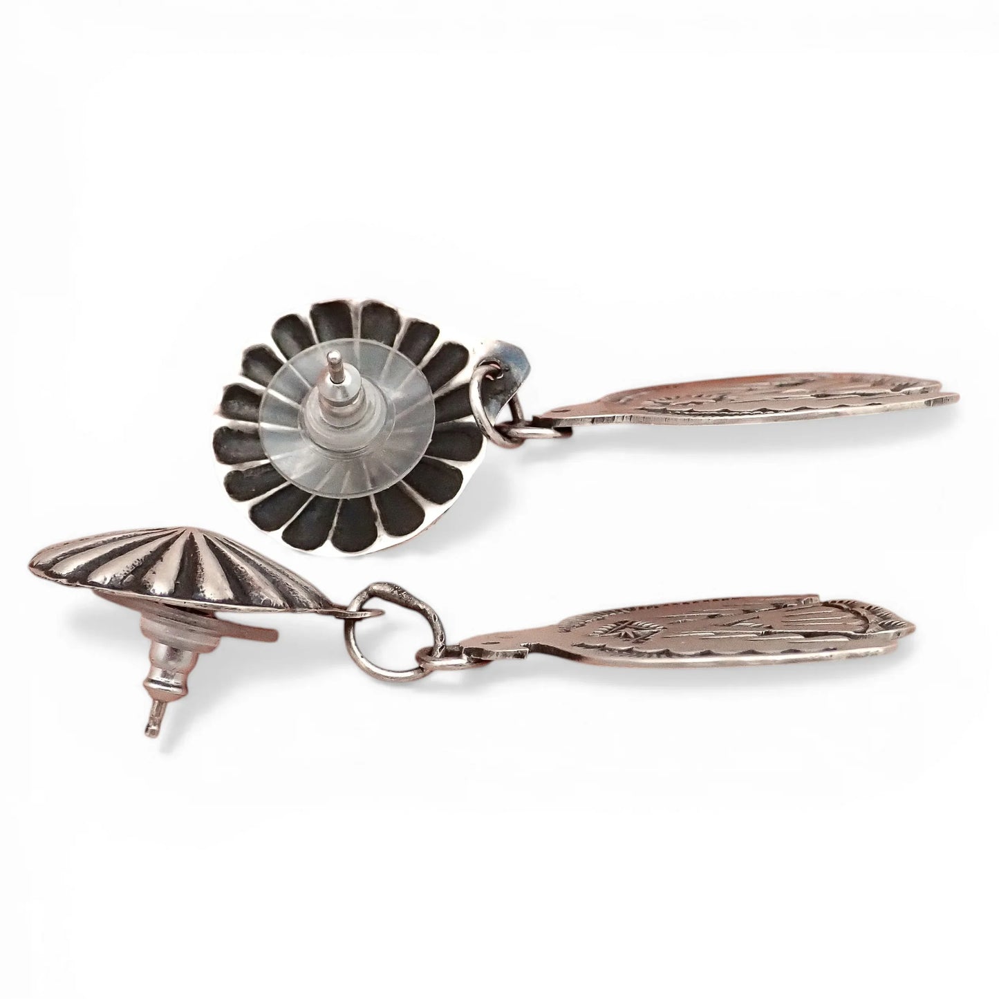 Thunderbird Sampler Drop Post Earrings with Deep Stamps & Chasing by Navajo Artisan V. J. PLATERO