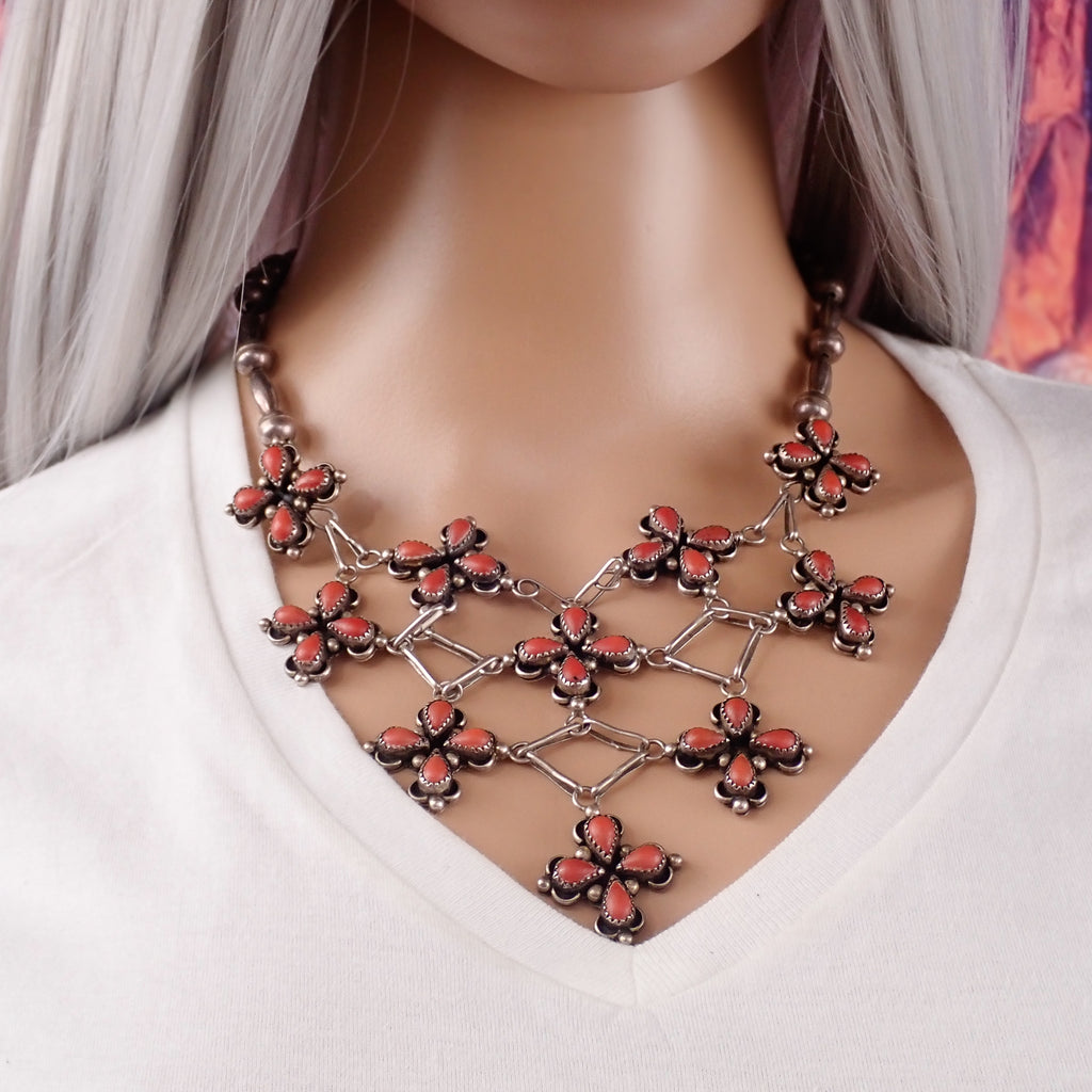 1970s Native American Coral Cluster Sterling Silver Bead & Link Bib Necklace by H. ORTEGA