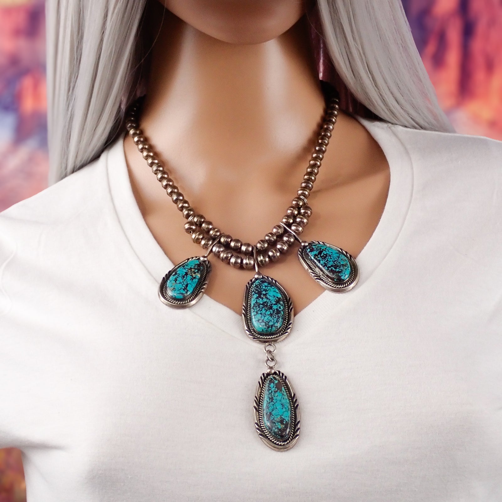 90-Gram Navajo Saturated Blue Spiderweb Turquoise Sterling Silver Station Necklace by B. SANDOVAL