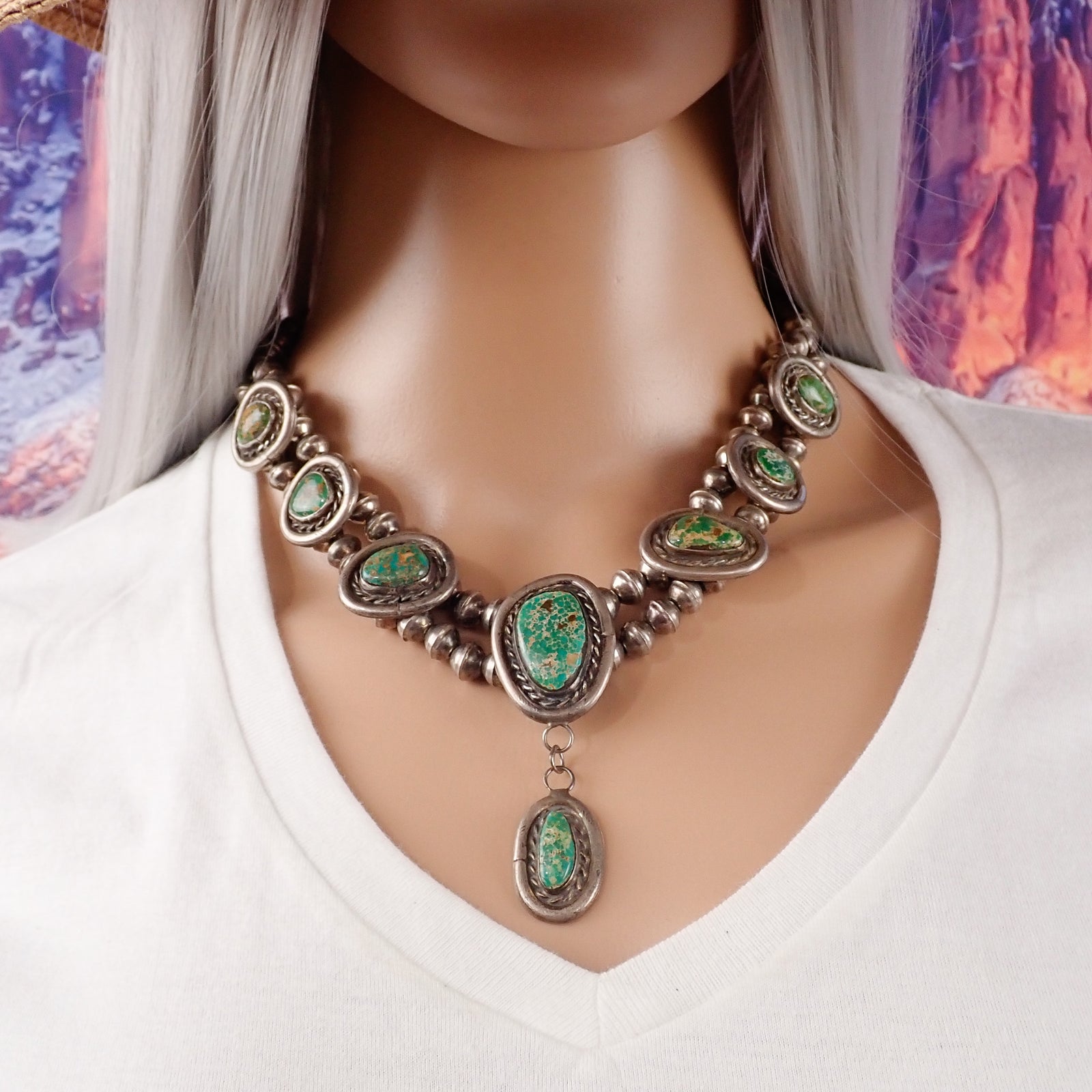 88-Gram Navajo Fox Turquoise Sterling Silver Eight-Stone Station Bead Necklace