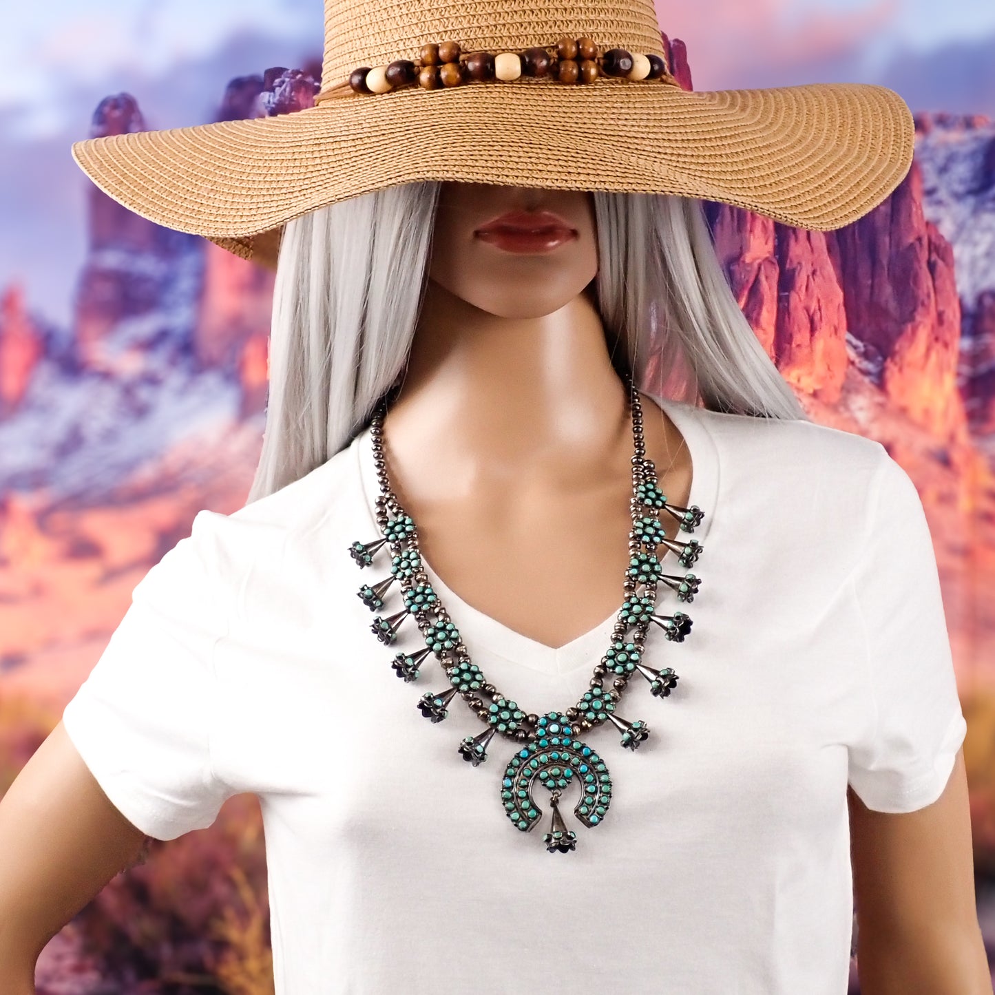 Mid-Century Zuni Turquoise Snake Eye Cluster Bell-Shaped Squash Blossom Necklace