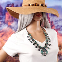 Mid-Century Zuni Turquoise Snake Eye Cluster Bell-Shaped Squash Blossom Necklace