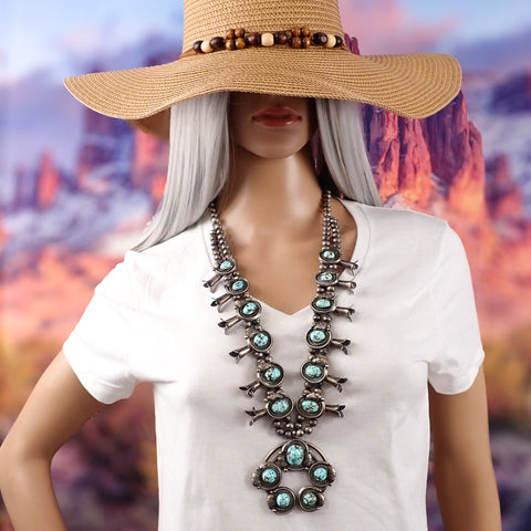297-Gram Navajo Persian Spiderweb Turquoise Four-Petal Squash Blossom Necklace SIGNED GV