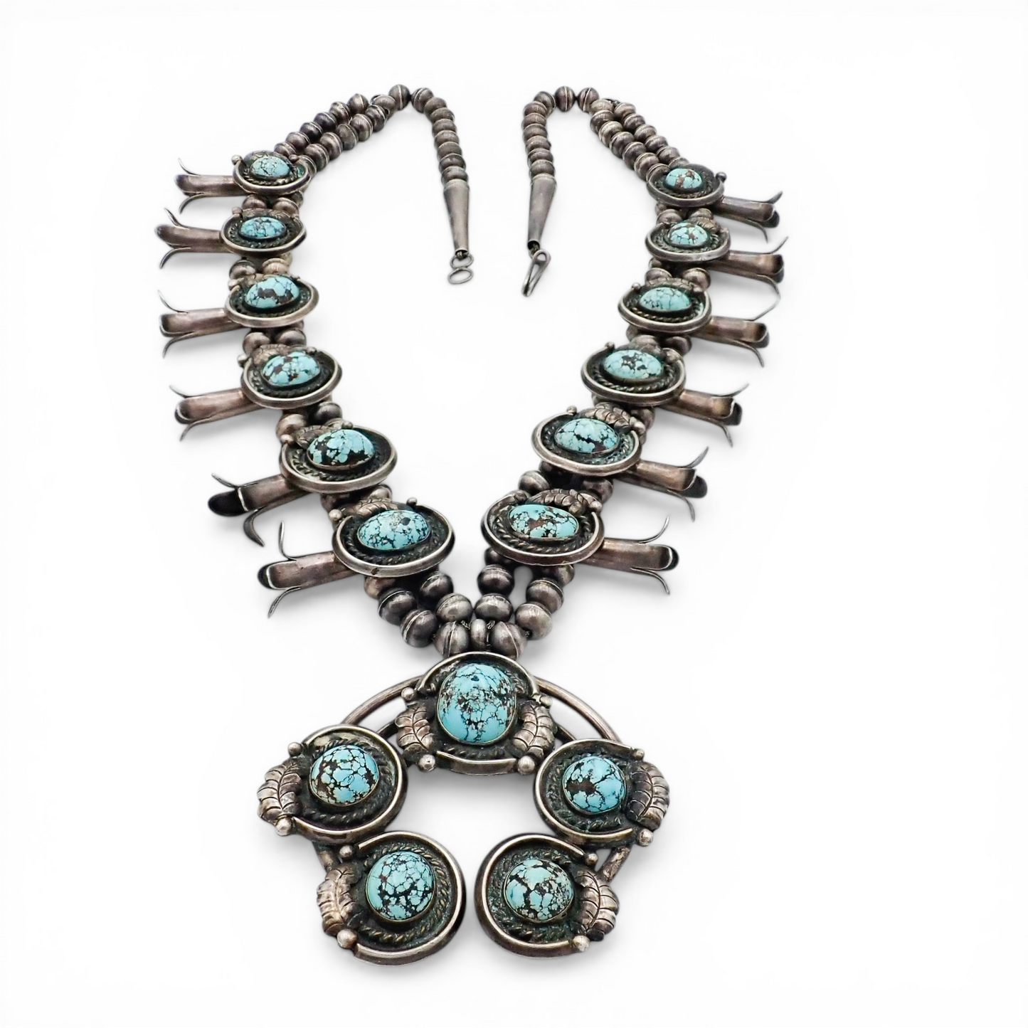 297-Gram Navajo Persian Spiderweb Turquoise Four-Petal Squash Blossom Necklace SIGNED GV