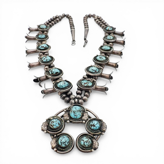 297-Gram Navajo Persian Spiderweb Turquoise Four-Petal Squash Blossom Necklace SIGNED GV