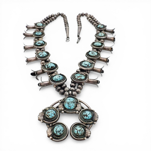 297-Gram Navajo Persian Spiderweb Turquoise Four-Petal Squash Blossom Necklace SIGNED GV