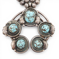 297-Gram Navajo Persian Spiderweb Turquoise Four-Petal Squash Blossom Necklace SIGNED GV
