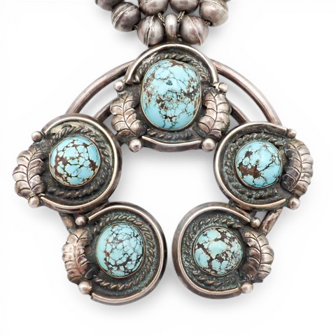 297-Gram Navajo Persian Spiderweb Turquoise Four-Petal Squash Blossom Necklace SIGNED GV