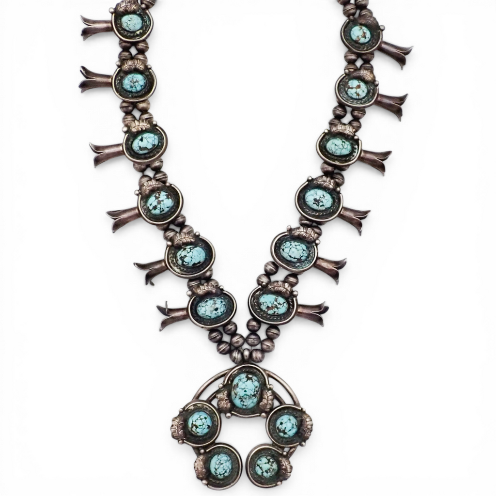 297-Gram Navajo Persian Spiderweb Turquoise Four-Petal Squash Blossom Necklace SIGNED GV