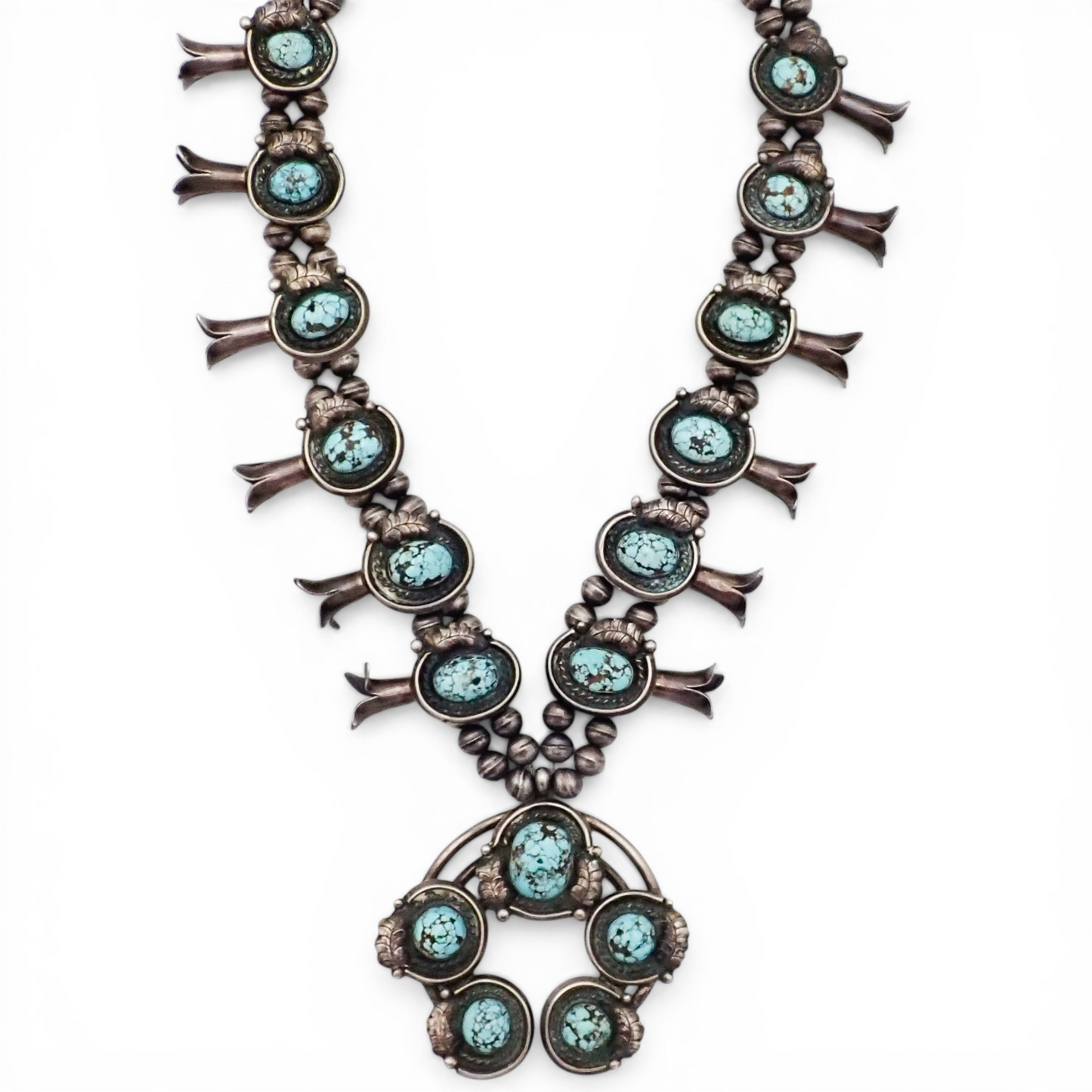 297-Gram Navajo Persian Spiderweb Turquoise Four-Petal Squash Blossom Necklace SIGNED GV
