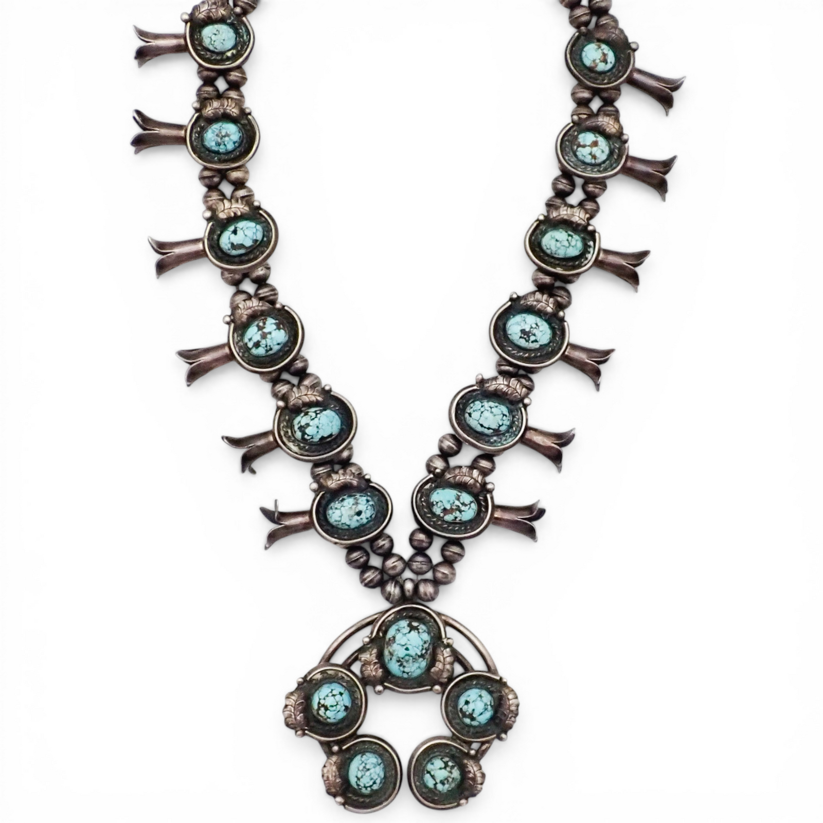 297-Gram Navajo Persian Spiderweb Turquoise Four-Petal Squash Blossom Necklace SIGNED GV