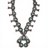 297-Gram Navajo Persian Spiderweb Turquoise Four-Petal Squash Blossom Necklace SIGNED GV