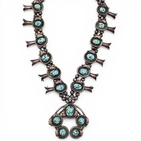 297-Gram Navajo Persian Spiderweb Turquoise Four-Petal Squash Blossom Necklace SIGNED GV