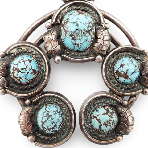 297-Gram Navajo Persian Spiderweb Turquoise Four-Petal Squash Blossom Necklace SIGNED GV