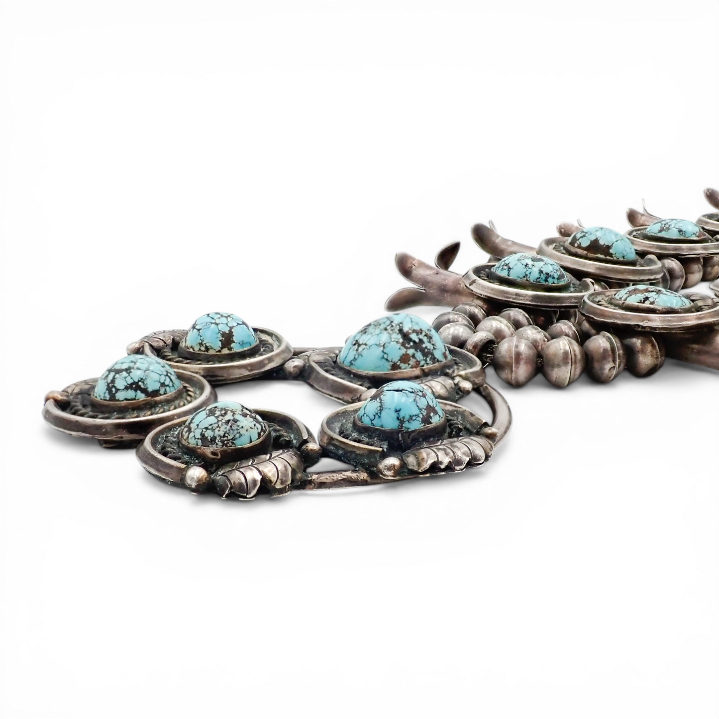 297-Gram Navajo Persian Spiderweb Turquoise Four-Petal Squash Blossom Necklace SIGNED GV