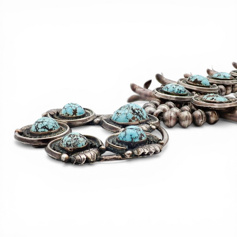 297-Gram Navajo Persian Spiderweb Turquoise Four-Petal Squash Blossom Necklace SIGNED GV