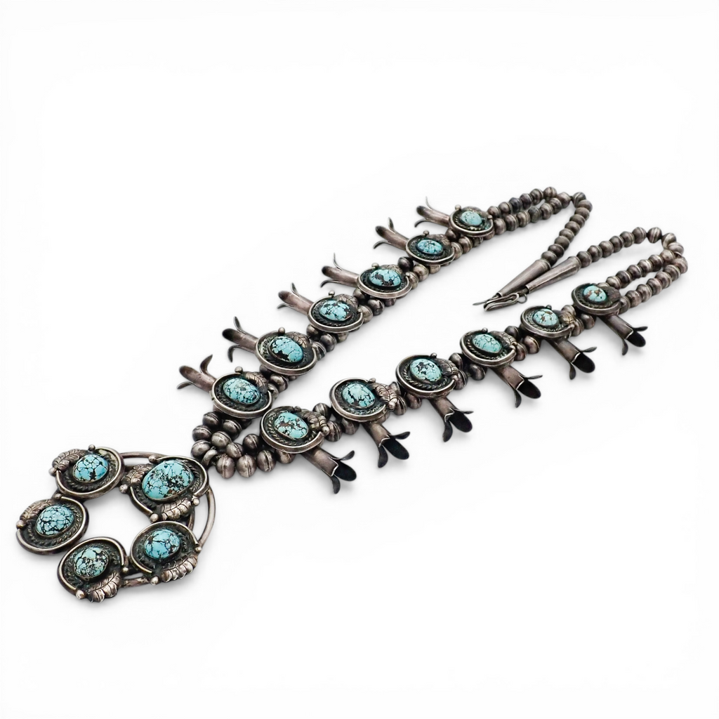 297-Gram Navajo Persian Spiderweb Turquoise Four-Petal Squash Blossom Necklace SIGNED GV