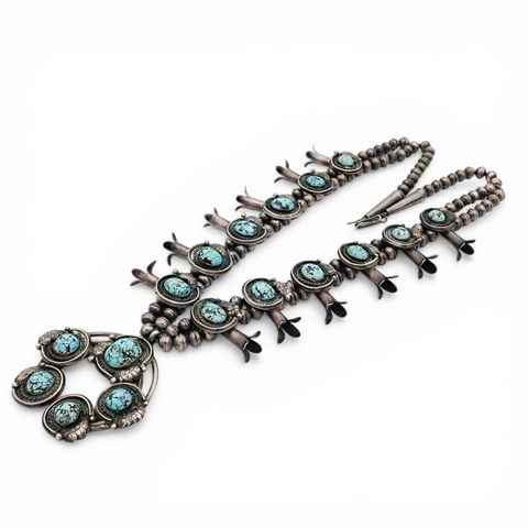 297-Gram Navajo Persian Spiderweb Turquoise Four-Petal Squash Blossom Necklace SIGNED GV