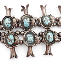 297-Gram Navajo Persian Spiderweb Turquoise Four-Petal Squash Blossom Necklace SIGNED GV
