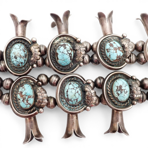 297-Gram Navajo Persian Spiderweb Turquoise Four-Petal Squash Blossom Necklace SIGNED GV