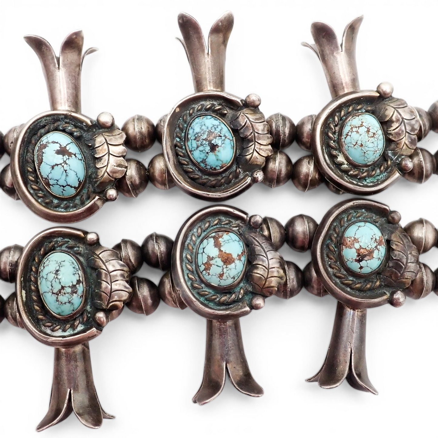 297-Gram Navajo Persian Spiderweb Turquoise Four-Petal Squash Blossom Necklace SIGNED GV