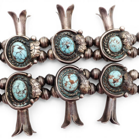 297-Gram Navajo Persian Spiderweb Turquoise Four-Petal Squash Blossom Necklace SIGNED GV