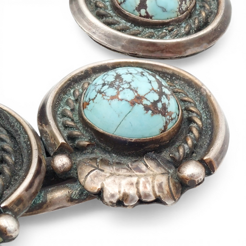 297-Gram Navajo Persian Spiderweb Turquoise Four-Petal Squash Blossom Necklace SIGNED GV