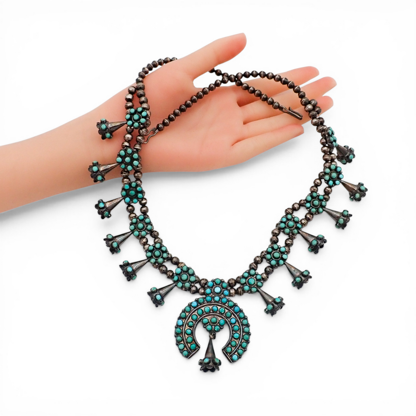 Mid-Century Zuni Turquoise Snake Eye Cluster Bell-Shaped Squash Blossom Necklace