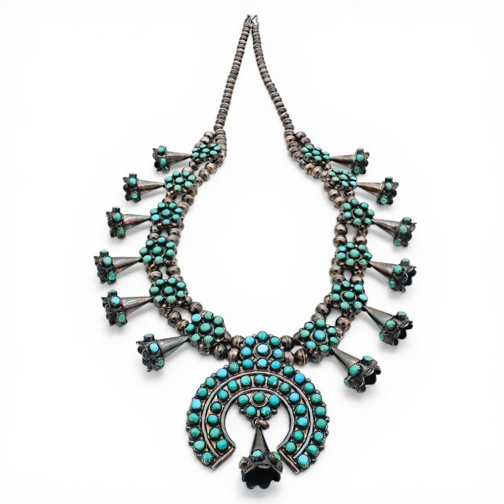 Mid-Century Zuni Turquoise Snake Eye Cluster Bell-Shaped Squash Blossom Necklace