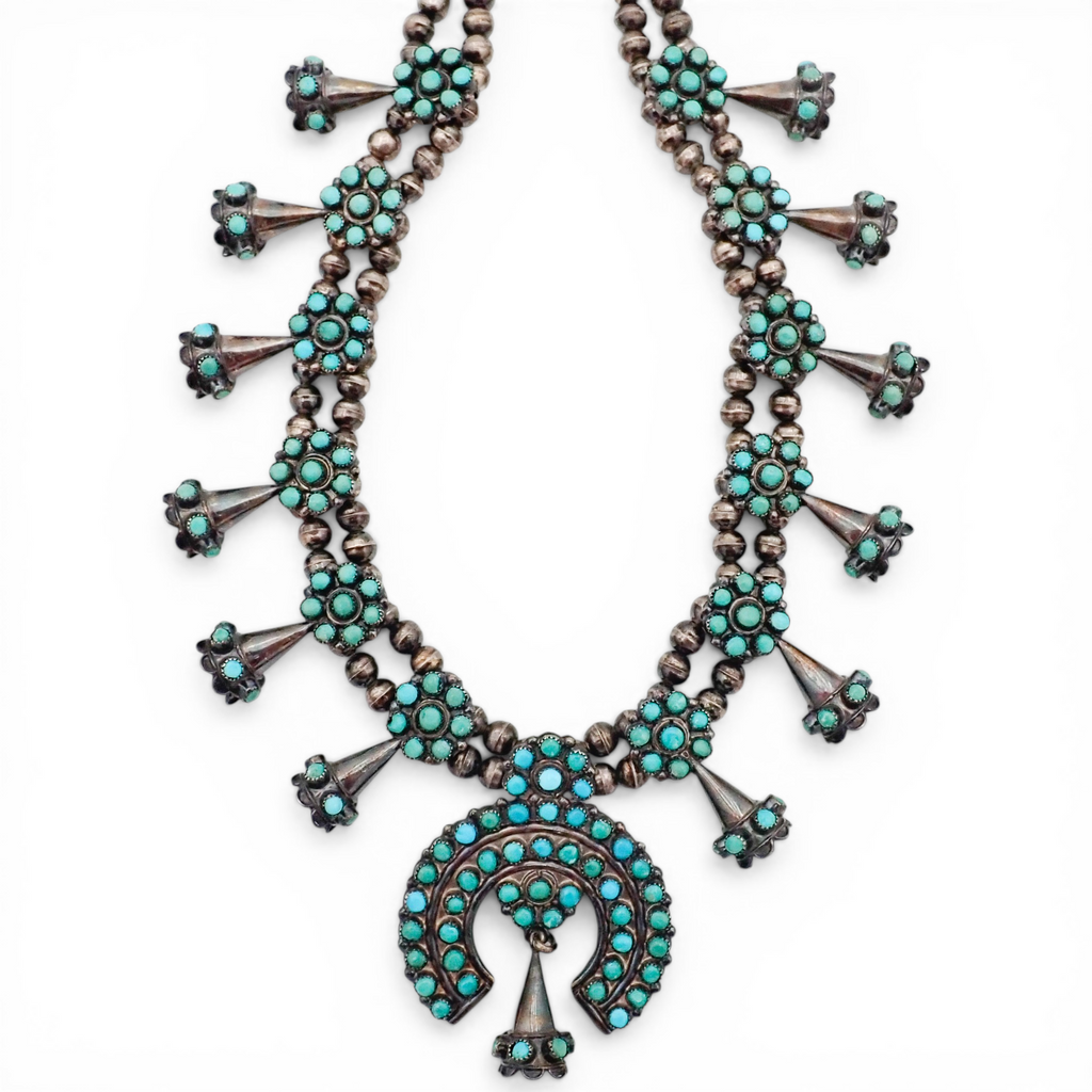 Mid-Century Zuni Turquoise Snake Eye Cluster Bell-Shaped Squash Blossom Necklace