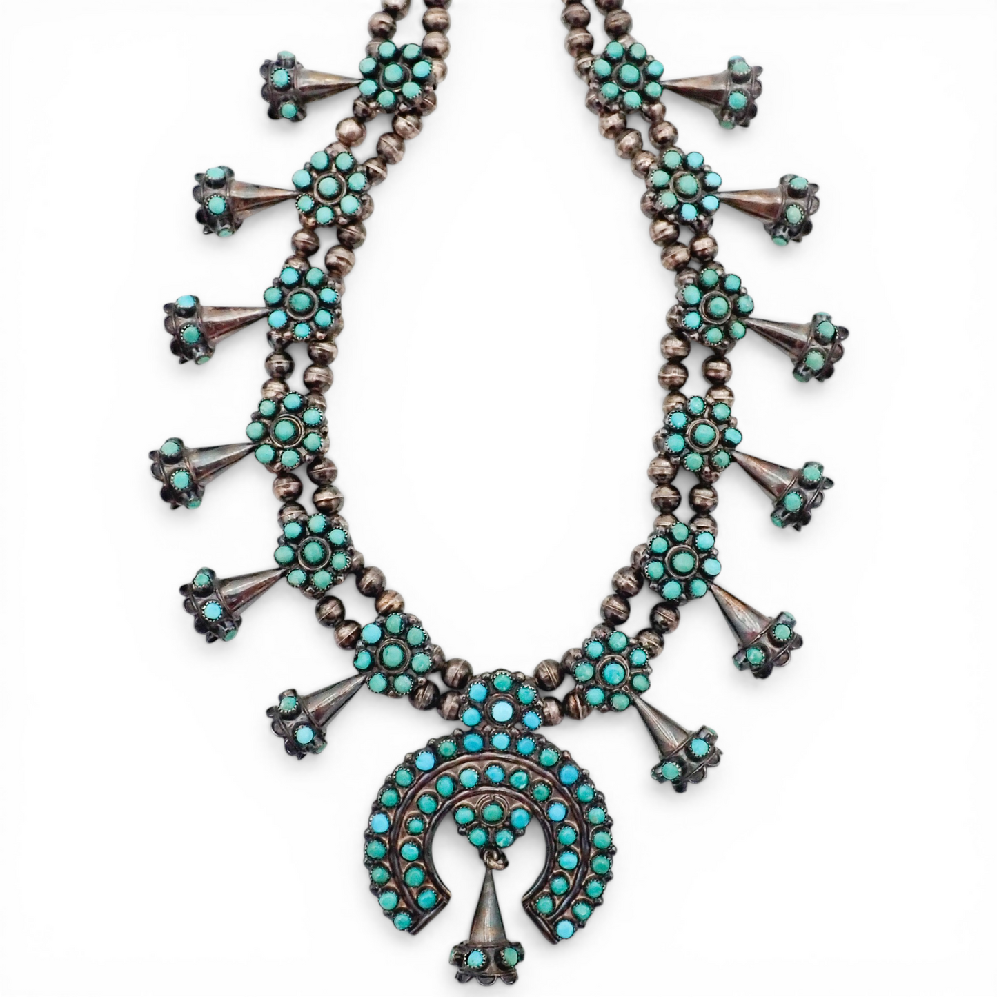 Mid-Century Zuni Turquoise Snake Eye Cluster Bell-Shaped Squash Blossom Necklace