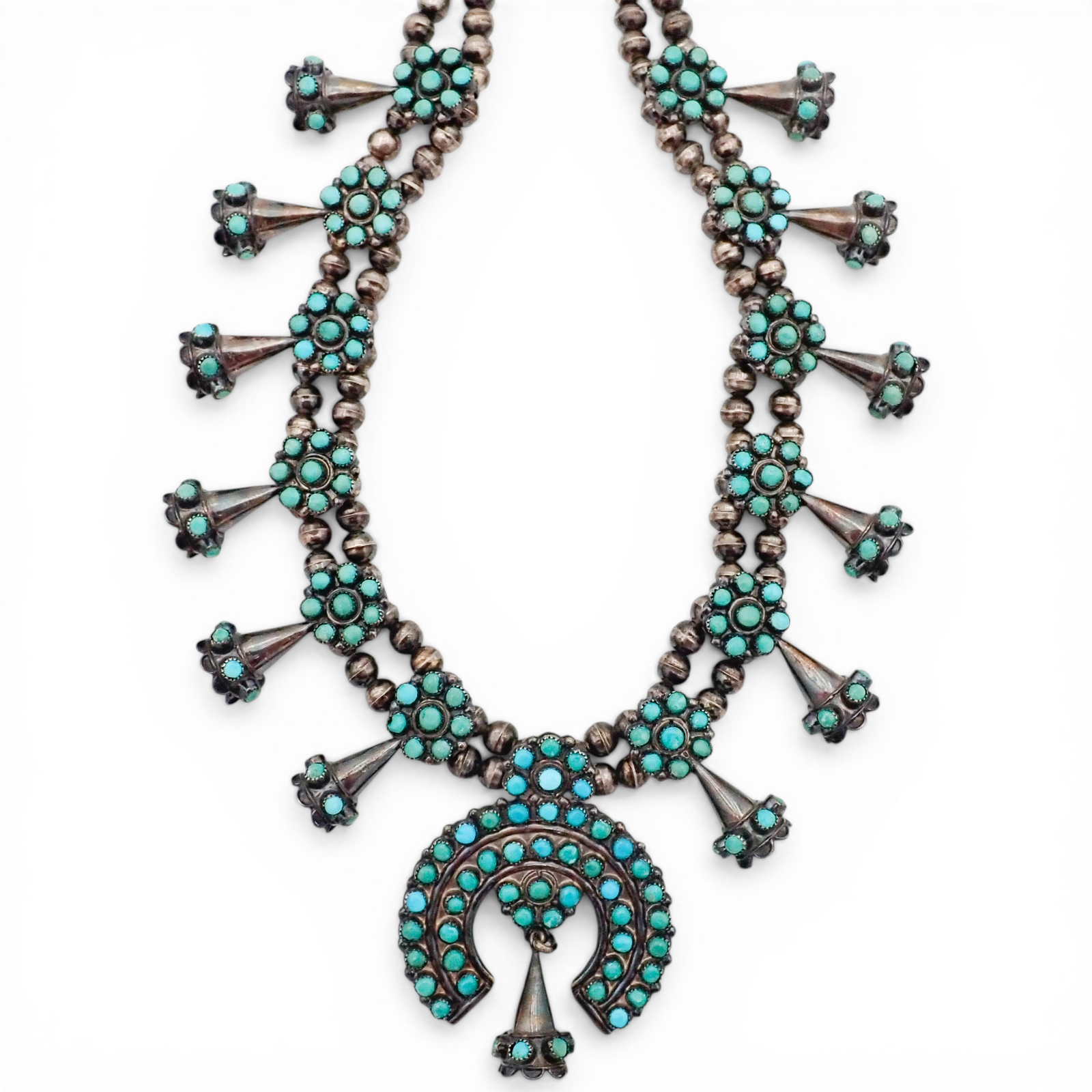 Mid-Century Zuni Turquoise Snake Eye Cluster Bell-Shaped Squash Blossom Necklace