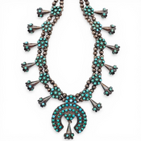 Mid-Century Zuni Turquoise Snake Eye Cluster Bell-Shaped Squash Blossom Necklace